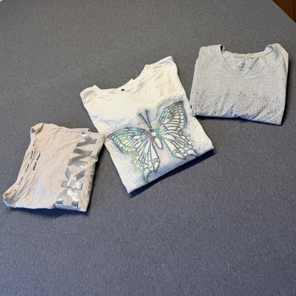 Lot of 3 Womens Graphic Tees DKNY American Rag Butterfly Rhinestone NWT Large